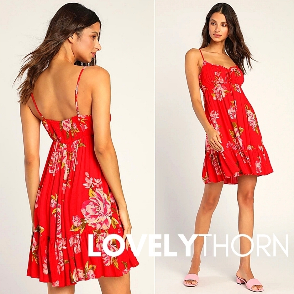 ❤️SOLD❤LULU'S // free & easy red floral print plunge tie sleeveless ruffled mini